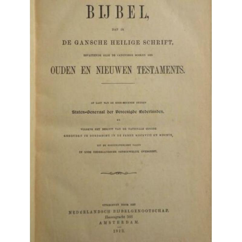Bijbel 1912. Afm. 28 x 19 x 5,5 cm. In goede staat.