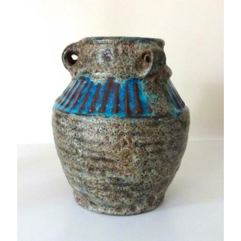 Keramiek vaas turquoise en beige met strepen Brouwer 5247-k