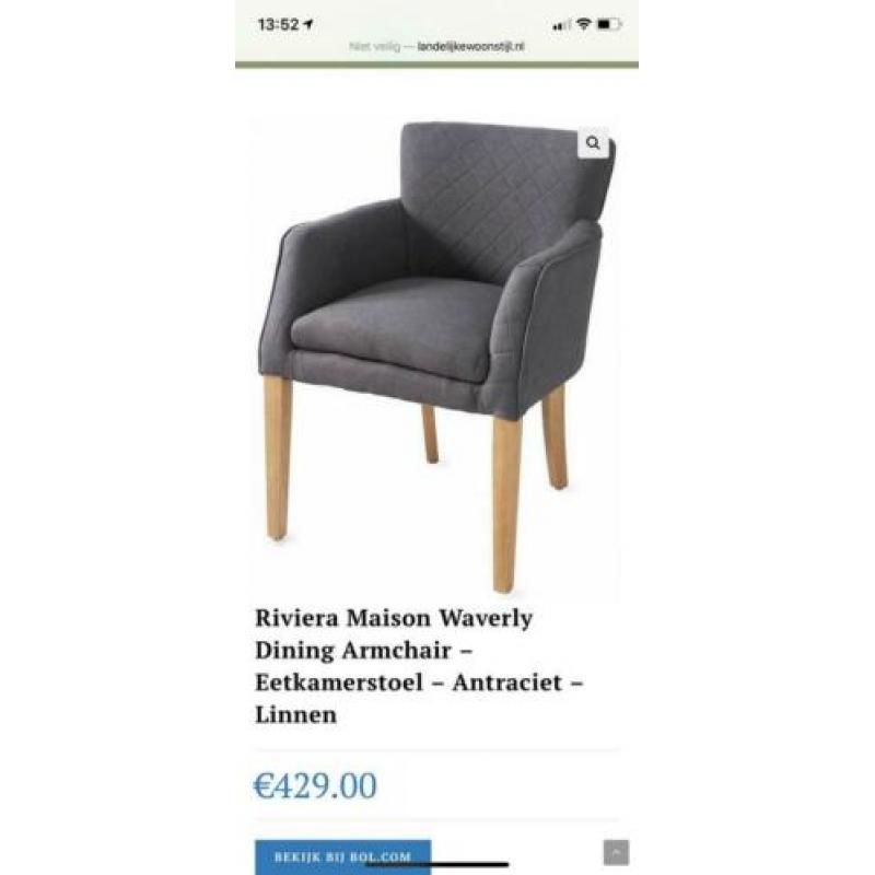 Rivièra Maison waverly dining armchair grijs 3st.