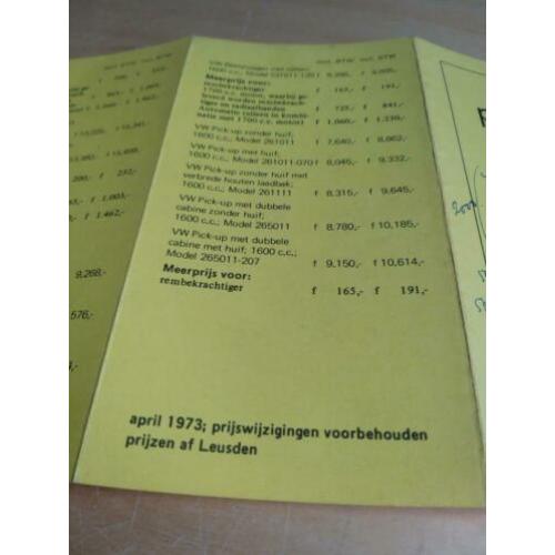1973 Volkswagen prijslijst met Karmann ghia en bus T2 ETC