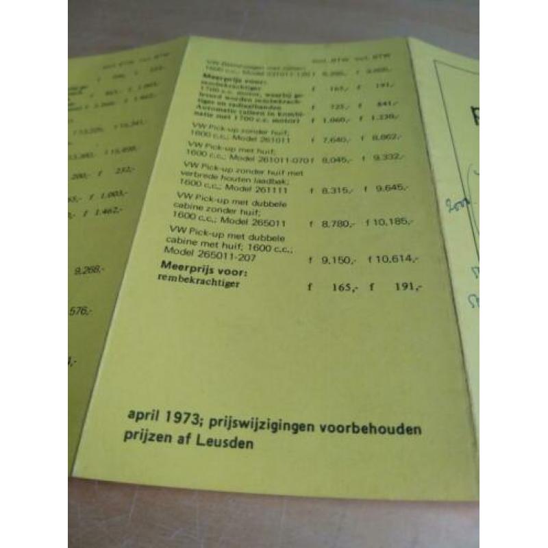 1973 Volkswagen prijslijst met Karmann ghia en bus T2 ETC