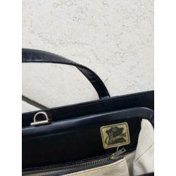 Vintage zwart leren dames tas met krokodilleer