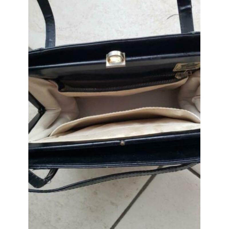 Vintage zwart leren dames tas met krokodilleer