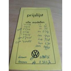 1973 Volkswagen prijslijst met Karmann ghia en bus T2 ETC