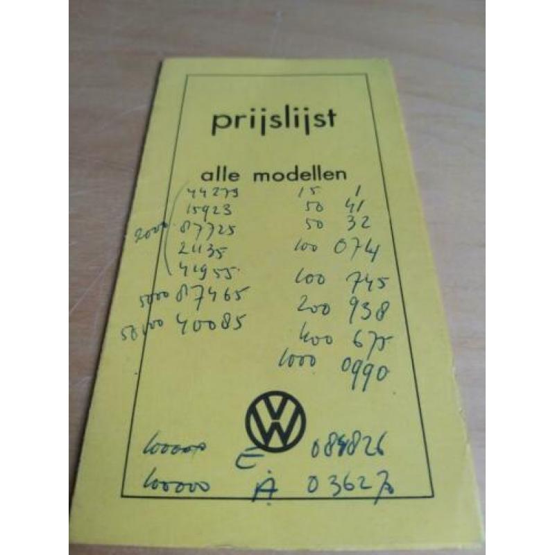 1973 Volkswagen prijslijst met Karmann ghia en bus T2 ETC