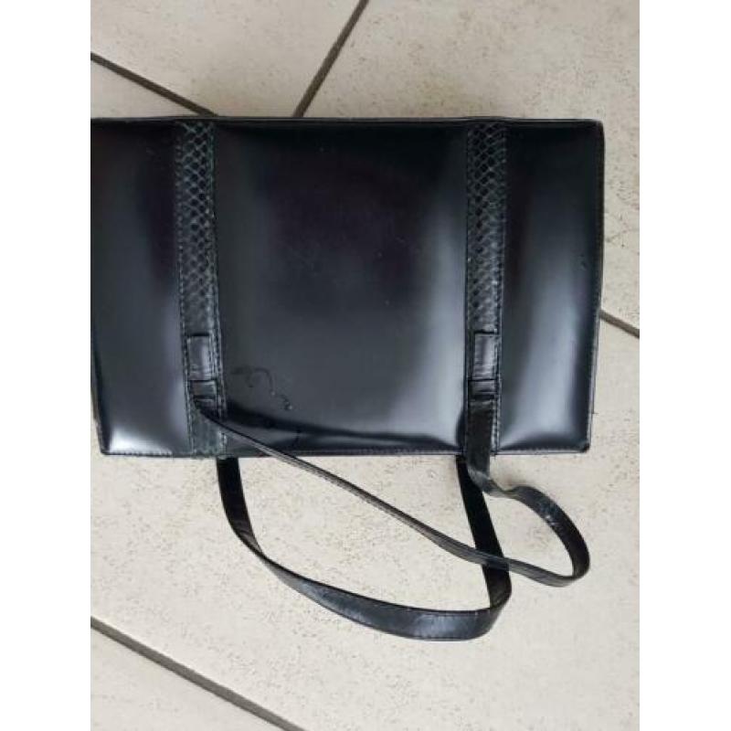 Vintage zwart leren dames tas met krokodilleer