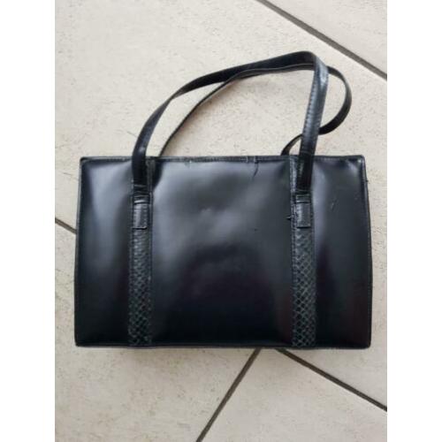 Vintage zwart leren dames tas met krokodilleer