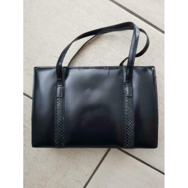 Vintage zwart leren dames tas met krokodilleer