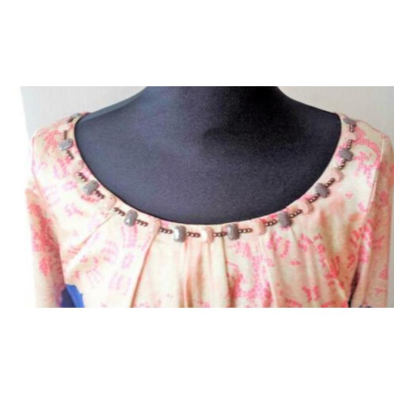 JOYCE & GIRLS blauw-roze, zijde gevoerde jurk maat 38