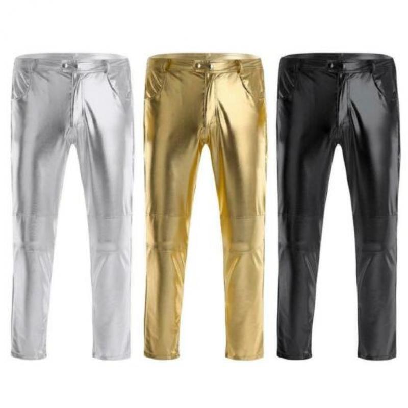 Heren broek leer look (sexy leren lederen mannen zwart goud)