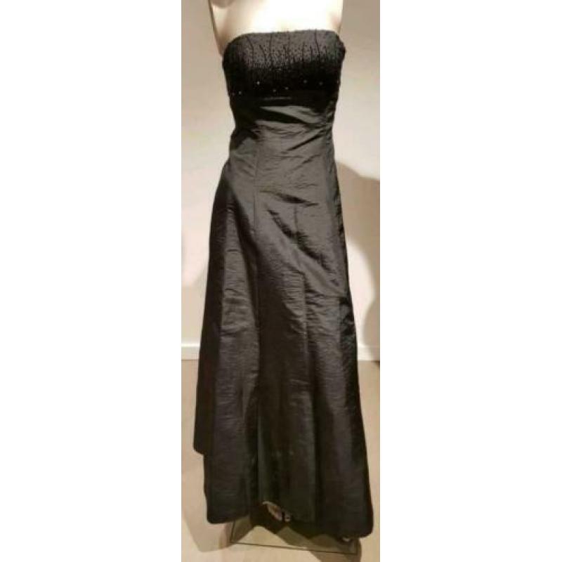 Zwarte strapless gala jurk + stola. Elegante pasvorm, maat S