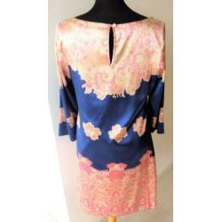 JOYCE & GIRLS blauw-roze, zijde gevoerde jurk maat 38