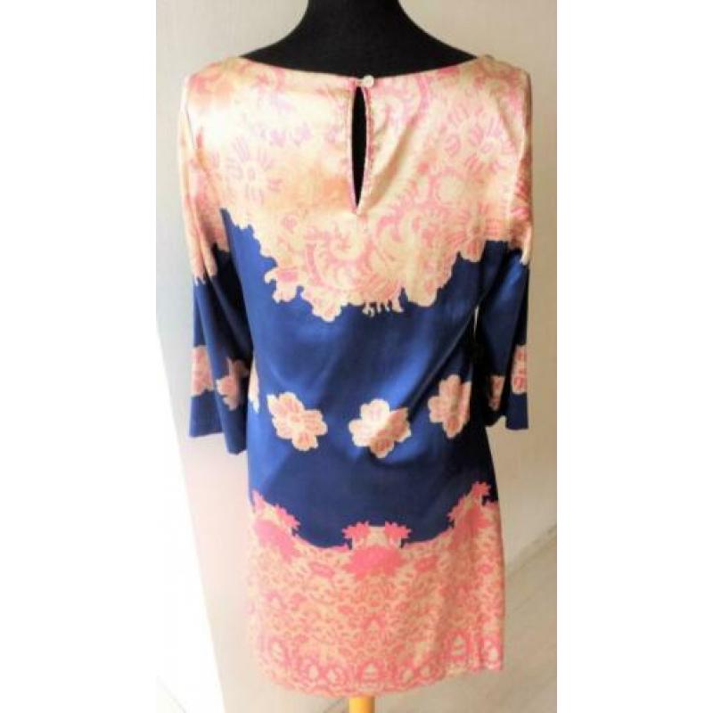 JOYCE & GIRLS blauw-roze, zijde gevoerde jurk maat 38