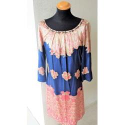 JOYCE & GIRLS blauw-roze, zijde gevoerde jurk maat 38