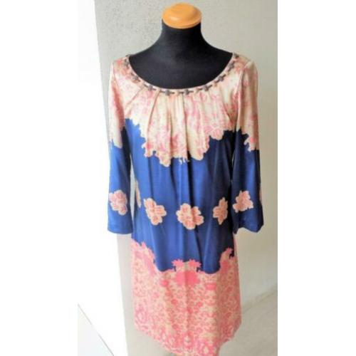 JOYCE & GIRLS blauw-roze, zijde gevoerde jurk maat 38