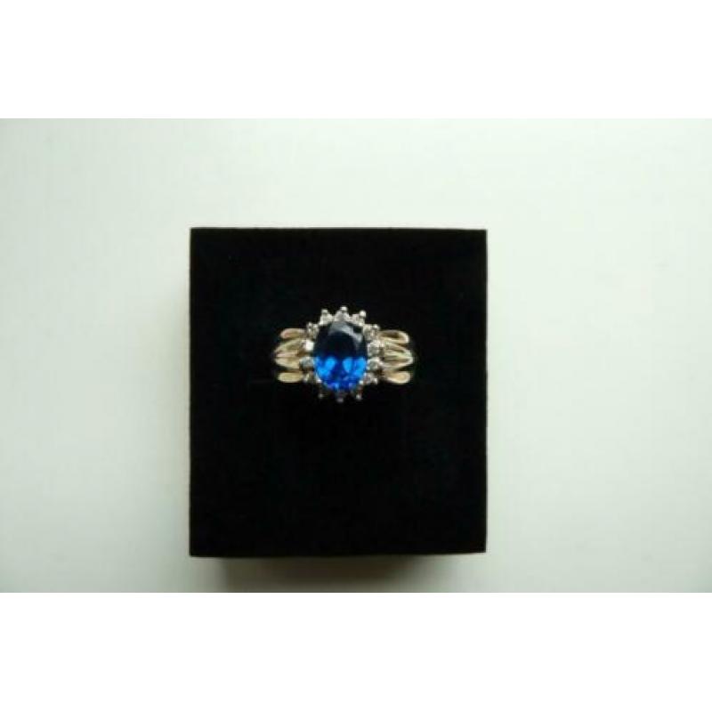 Zilveren ring 925, blauw, geslepen rijnsteen, maat 20