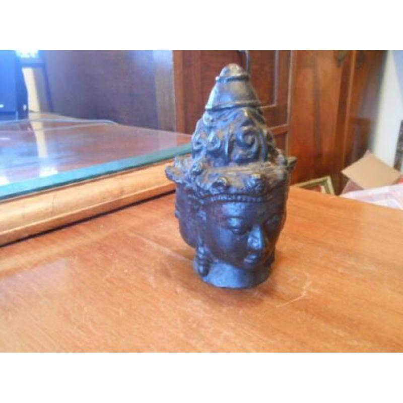 1807 antiek metalen aziatisch beeldje met 3 gezichten 13x8cm