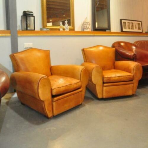 Set Franse A D fauteuils in schapenleer