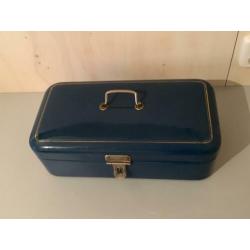 Emaille petrol blauw broodtrommel gouden bies trommel