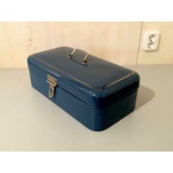 Emaille petrol blauw broodtrommel gouden bies trommel