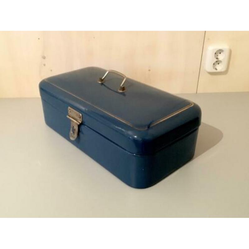 Emaille petrol blauw broodtrommel gouden bies trommel