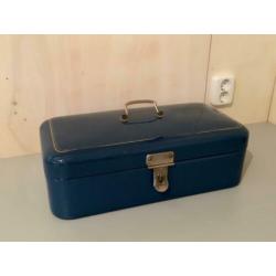 Emaille petrol blauw broodtrommel gouden bies trommel