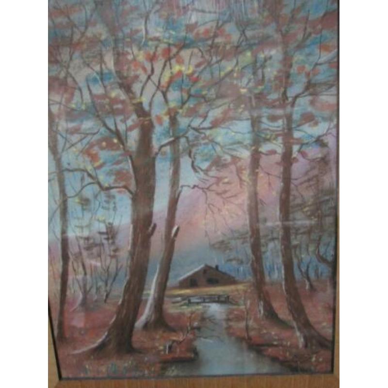 Mooi Ingelijste Pastel met Boerderij Gesigneerd 59 x 48 cm