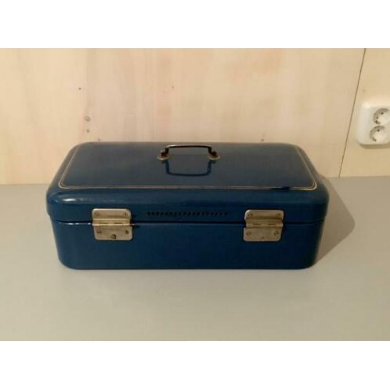 Emaille petrol blauw broodtrommel gouden bies trommel