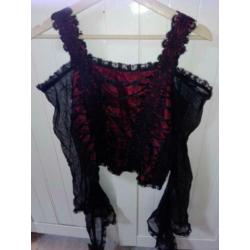 Steampunk Gothic Sinister corset top, zwart/wijn rood kant S