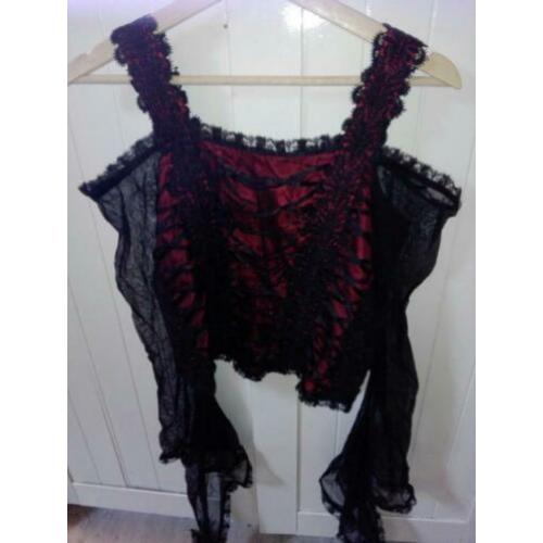 Steampunk Gothic Sinister corset top, zwart/wijn rood kant S