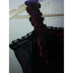 Steampunk Gothic Sinister corset top, zwart/wijn rood kant S