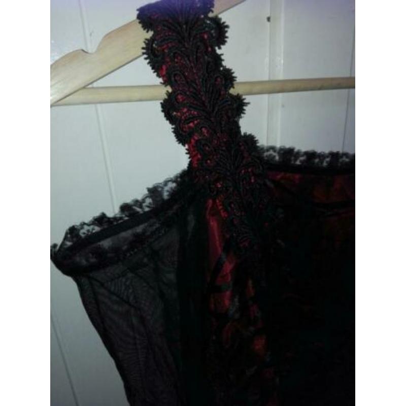 Steampunk Gothic Sinister corset top, zwart/wijn rood kant S