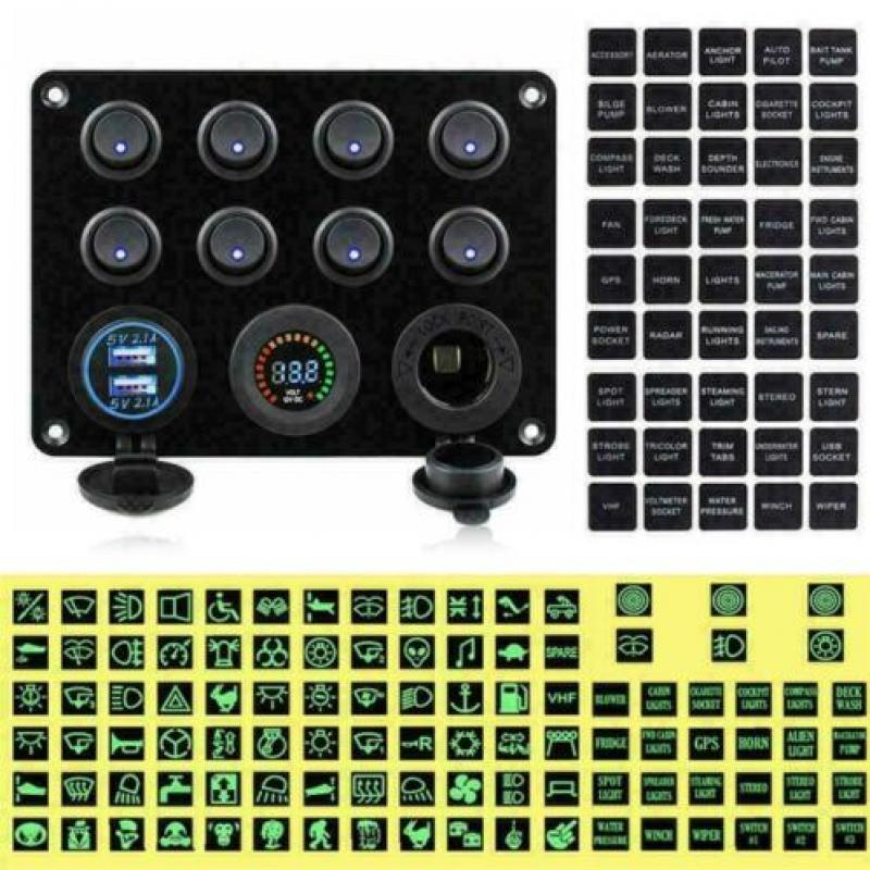 schakelpaneel boot 8 schakelaars/ zekering/12v/usb/voltmeter