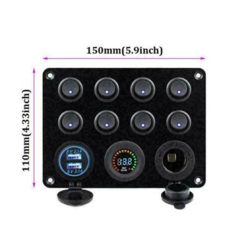 schakelpaneel boot 8 schakelaars/ zekering/12v/usb/voltmeter