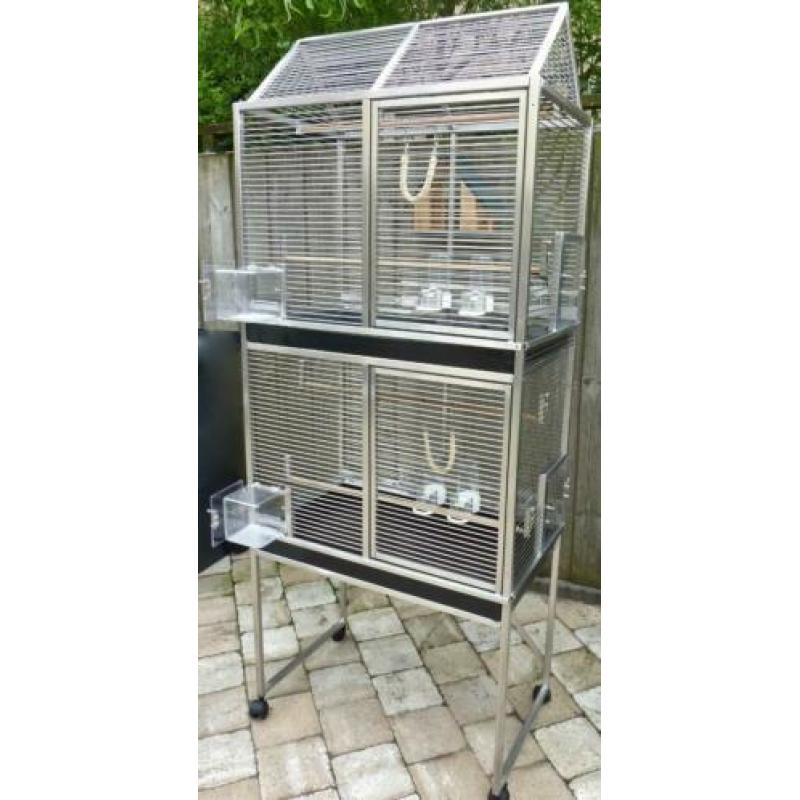 Grote geheel RVS vogelkooi met 2 afzonderlijke kooien