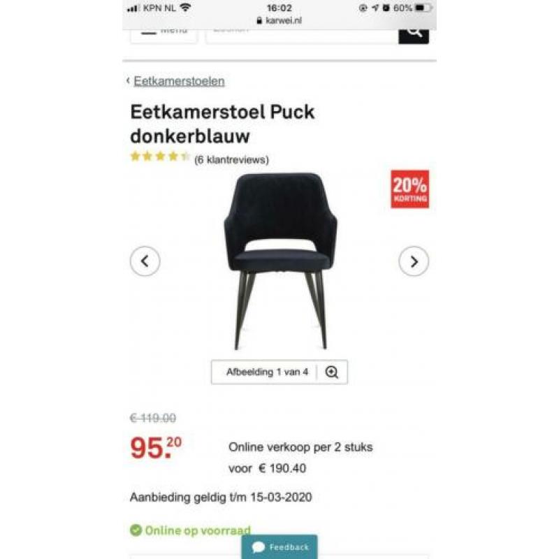 6x donkerblauwe velvet eetkamer stoelen