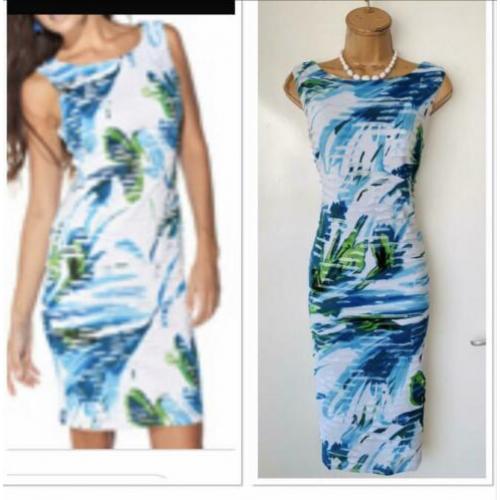 Frank Lyman elegante vrouwelijke jurk wit met blauwtinten 44