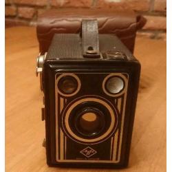 Retro fotocamera (boxje) merk "Agfa" met origineel leren tas