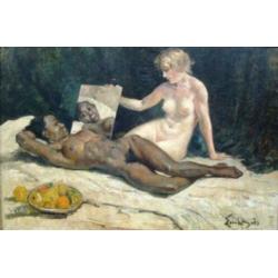 ==doek 130 x 200 cm==EMILE BAES 1879-1954==twee naakten==