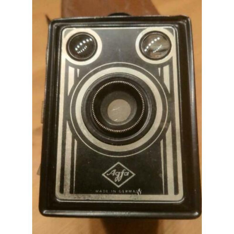 Retro fotocamera (boxje) merk "Agfa" met origineel leren tas