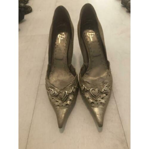 90’s puntige pumps met steentjes goud hoge hak bling bling