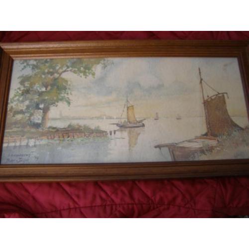 Mooie aquarel Loosdrecht'39 Bart van Dijck eiken lijst 29x55