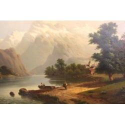 doek, 65 x 94, Zwitsers landschap, meer en figuren, ges.1884